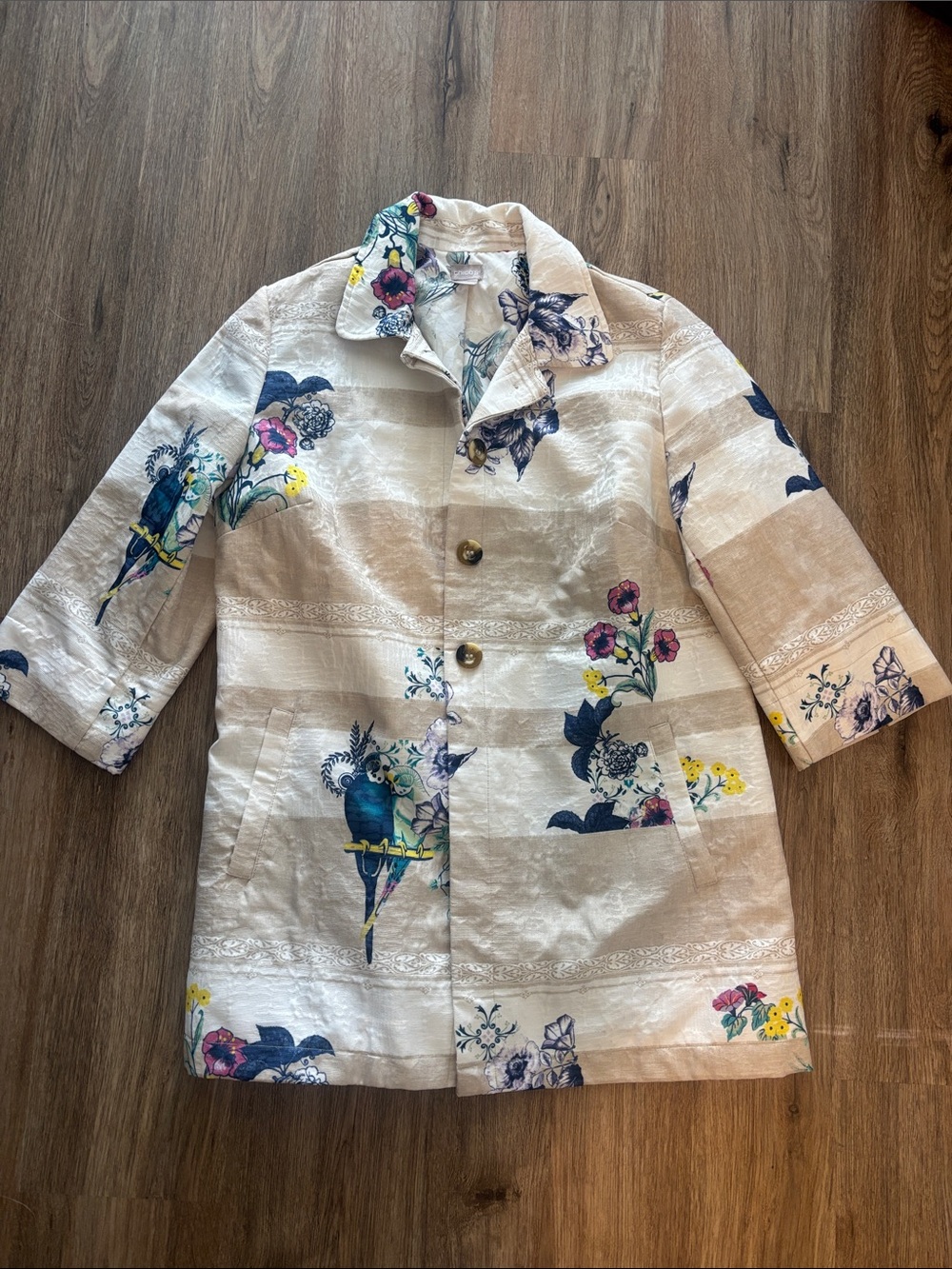 Chico's Cream Floral & Parrot Print Button-Front Jacket